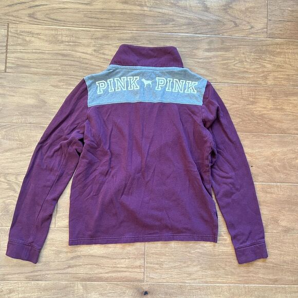 PINK Victoria's Secret Half Zip Sweatshirt Size M Burgundy/Gray Colorblock Dog - Picture 2 of 8